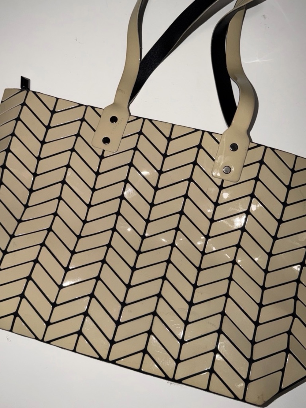 Neutral Chevron-Pattern Tote Bag in Beige and Black
